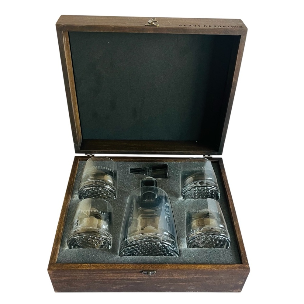 Perry Mason HBO Decanter Glass Set Signed Collector Wood Box